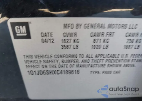 2012 Chevrolet Sonic 1Lt z USA, uszkodzony, nr VIN 1G1JD6SHXC4189616